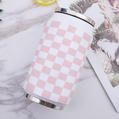 T&H XHome Pink Checkerboard Pattern 14oz Stainless Steel Tumbler with Lid & Straw-Double Wall Vacuum Insulated Travel Mug Soft Fabric Print Water Bottle Coffee Beverage Drinks Cup - size: 14 Ounces