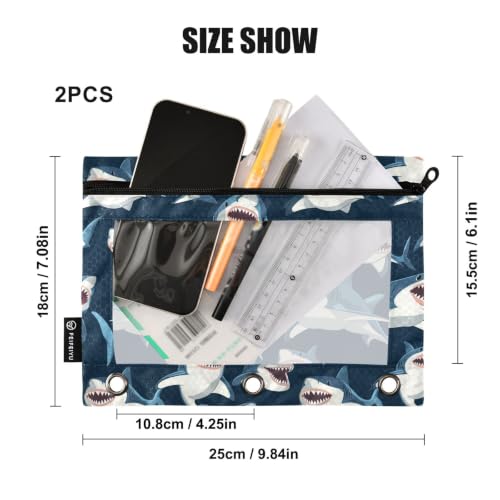 Gredecor 3 Ring Binder Pencil Pouch, Cartoon Sharks Big Mouth Zippered Pen Case Pouches with Clear Window, 2 Pack Stylish Office & School Supplie - color: Cartoon Sharks Big Mouth