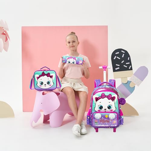 Rolling Backpack with Wheels for Girls Kids Cute Cat Rolling Backpack with Lunch Bag and Pencil Case Set Kids Travel Luggage for Elementary Girls Ages 5-12 - color: 01 Purple Cat