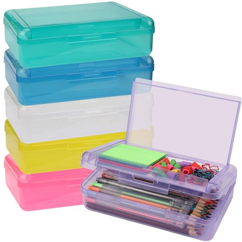 SFLHHDM Large Pen Boxes, Double Layer Capacity Pencil Holder, Clear Hard Pen Case with Snap-tight Lid, Plastic Colored Pencils Case for Office School, Cute Set of Pencil Boxes (Coloured-6Pcs) - color: Coloured-6Pcs