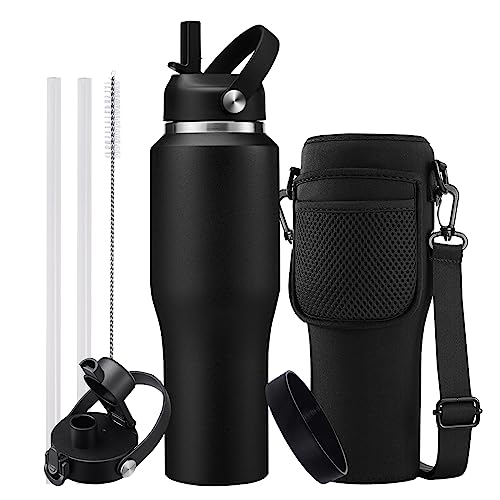 32oz Stainless Steel Water Bottle, Cold-48H & Hot-24H, Water Flask Thermal with Straw & Spout Lids, Pouch, Vacuum Insulated Bottle for Gift Black - color: Black, size: 32 Ounces