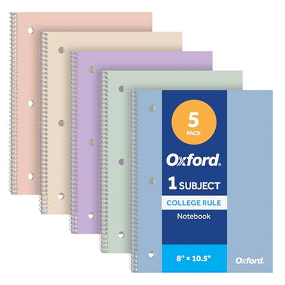 Oxford Spiral Notebooks, 5 Pack, College Rule, 70 Sheets, Pastel Covers