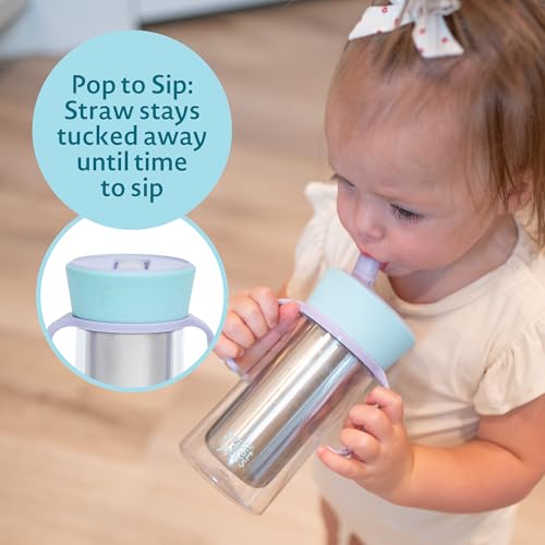 The First Years CoolCore Stainless Steel Straw Cup - Insulated Leak Proof Sippy Cup Trainer Converts to Toddler Water Bottle - Pop to Sip Design with Improved Flow - Light Blue/Light Purple - 8 Ounces - color: Light Blue/Light Purple