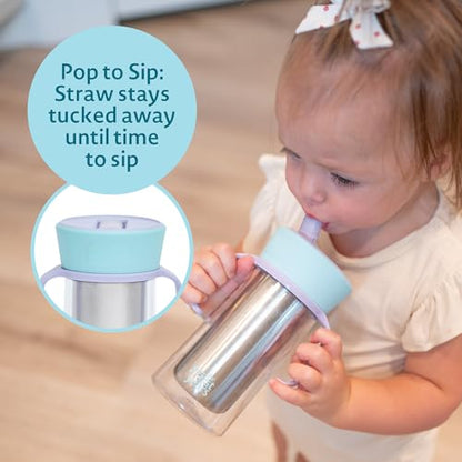 The First Years CoolCore Stainless Steel Straw Cup - Insulated Leak Proof Sippy Cup Trainer Converts to Toddler Water Bottle - Pop to Sip Design with Improved Flow - Light Blue/Light Purple - 8 Ounces - color: Light Blue/Light Purple