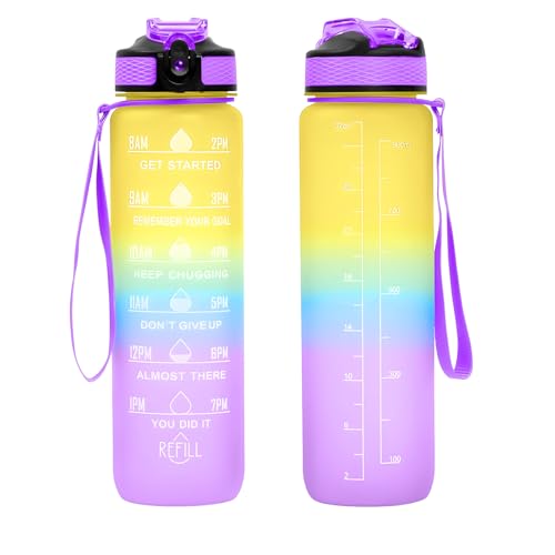 32 oz Motivational Water Bottle with Time Marker,Water Bottles with Times to Drink and Straw with Carrying Strap,Perfect For Fitness Gym Outdoor,BPA Free (Colorful) - color: Colorful