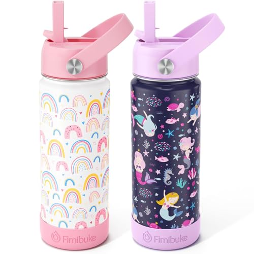 Fimibuke Kids Insulated Water Bottle, 18oz BPA FREE Kids Cup with Straw Double Wall Vacuum Tumbler 18/8 Stainless Steel Leak Proof Toddler Water Bottle for School Boys Girls (2 Pack, Rainbow/Mermaid) - color: A4. Rainbow/Mermaid