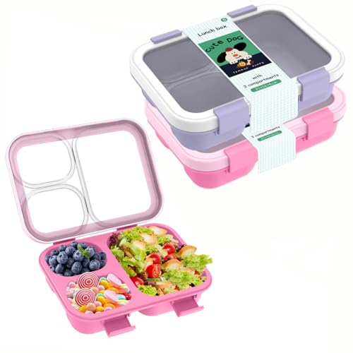 Bento Box, Lunch Box with Lids, 3-Compartment Meal Prep Containers Reusable, Leakproof & Stackable, Food Storage Containers for Office, Travel (Wheat purple & pink) 2pcs - color: Wheat purple & pink