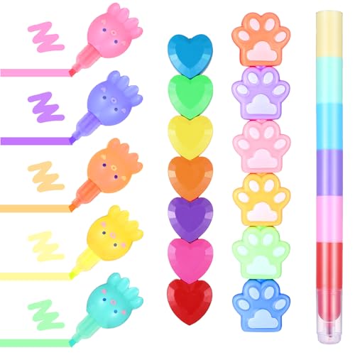 Teling 4 Pack 20 Pcs Cute Mini Highlighter Pens Multicolor Highlighters for Kid Student Pastel Color Stackable Markers Stationery for Teacher Office Back to School Supply(Octopus, Bear, Heart, Round) - style: Octopus, Bear, Heart, Round