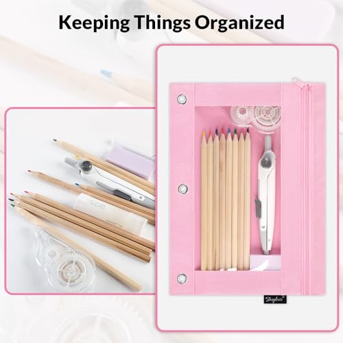 SKYDUE Pencil Pouch for 3 Ring Binder, 3 Ring Zipper Pencil Case with Clear Window, Large Binder Pencil Pouch with Grommets, Three Hole Pencil Holder for School(2 Pack) - color: Pink&black