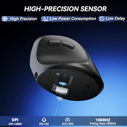 SOLAKAKA SM520 Ergonomic Mouse with 24000 DPI, Vertical Mouse with Programmable Side Button, Wireless Mouse with Tri-Mode Connection - BT5.0/USB-C/2.4GHz, for Desktop, PC, Laptop (Black) - color: black