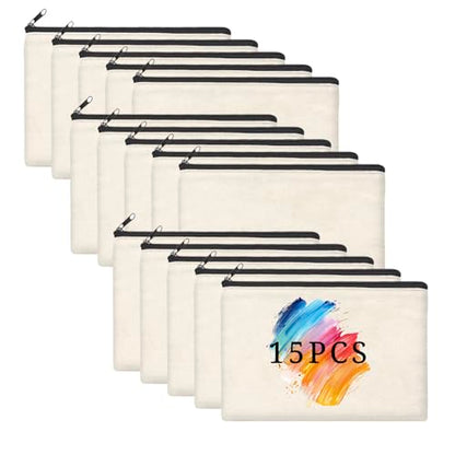 15PCS Large Blank DIY Canvas Pencil Pouch Makeup Bags Bulk，6.9×9Inch Large-Capacity Multi-Purpose Toiletry Bag Zipper Pouch Travel Storage Bag - color: 15pcs Beige