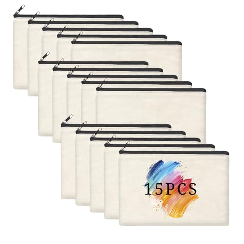 15PCS Large Blank DIY Canvas Pencil Pouch Makeup Bags Bulk，6.9×9Inch Large-Capacity Multi-Purpose Toiletry Bag Zipper Pouch Travel Storage Bag - color: 15pcs Beige