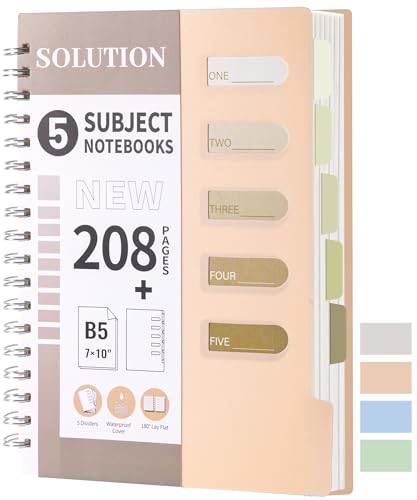 5 Subject Notebook Wide Ruled Spiral Notebook with Dividers, 7x10,Orange | 208 Pages, Waterproof Plastic Cover 80GSM Thick Paper,Removal Tabs Notebooks for School Work - color: 2.orange, size: 2.B5-Wide Ruled