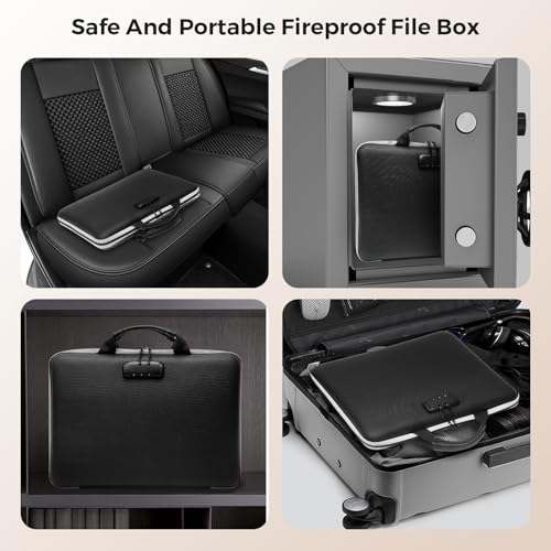 Fireproof Document Box,Hard Case Fireproof File Organizer with Lock 13 Pocket Accordion File Folder Reflective Zipper Portable Safe Box for Home Office Travel to Storage Important Documents Laptop
