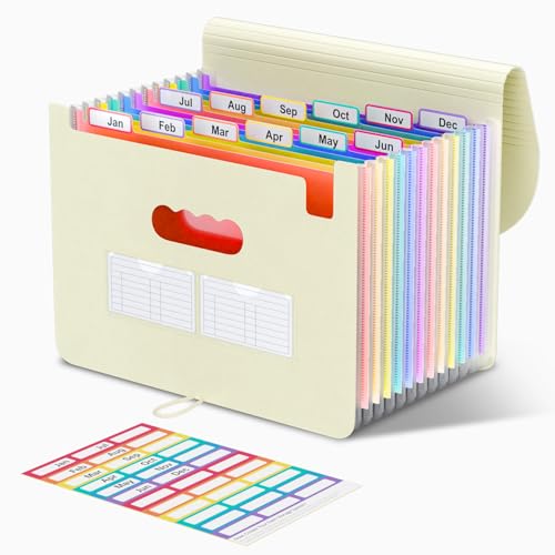ThinkTex Accordion File Organizer, 12 - Pocket Expanding File Folders | for Receipts, Bills&Taxes Organizer, Letter/A4 Size Document Holder for School, Office, Home with tabs-Beige Color - color: Beige Color