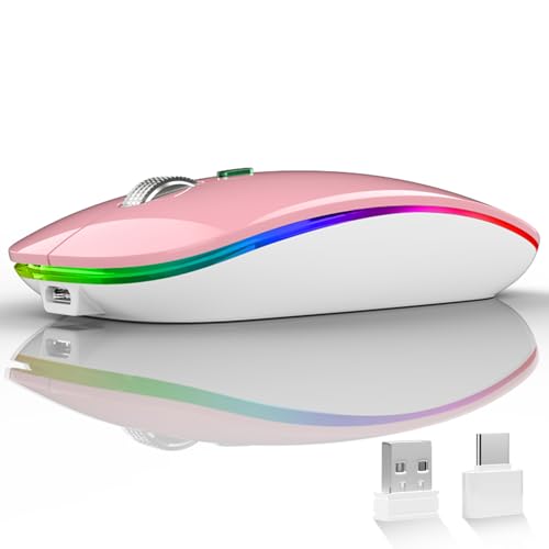 Uiosmuph LED Wireless Mouse, G12 Slim Rechargeable Silent Mouse, 2.4G Portable USB Optical Wireless Computer Mice with USB Receiver and Type C Adapter (Pink) - color: Pink