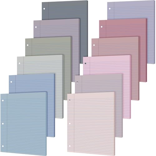 PerKoop 12 Pack 600 Sheets Colored Loose Leaf Paper Wide Ruled 8" x 10.5", Pastel Colorful Lined Writing Paper 3 Hole Punched Filler for 3 Ring Binder School Office Supplies(Elegant Color) - color: Elegant Color