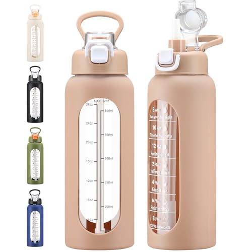 chunmo 32 oz Glass Water Bolttles with Straw Large Motivational Water Bottle with Time Marker Sports Water Bottles with Silicone Sleeve and Handle Lid Water Jug for Gym Workout - color: Khaki, size: 32 Ounces