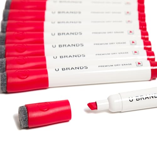 U Brands 파인 팁 드라이 지우개 마커, 끌 팁이 있는 화이트보드 마커, 적은 냄새, 레드, 12개 세트 - color: 레드