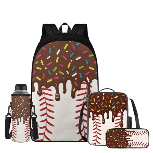 Brown Ice Cream Backpack Baseball 4 Piece 17in Boys Student Backpack Insulated Lunch Box Pencil Bag with Water Bottle Slot Funny Style Back to School Gifts Casual School Use - color: Brown