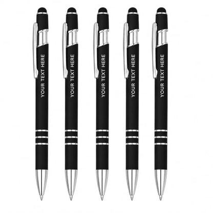 Ultima Softex Stylus Pen (5 Pack) – Soft‑Touch Rubberized Metal Pen with Touchscreen Stylus, Chrome Accents & Smooth Writing Cartridge – 5 Custom Engraved Promotional Pens - color: Black