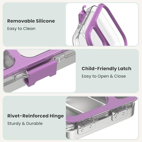LOHASOK Kids Stainless Steel Lunch Bento Box BPA-Free Leak-Proof Tritan Lid 304 Metal Food Container with 3 Compartments for Girls Boys School Purple - color: Purple, size: 27oz/800ml