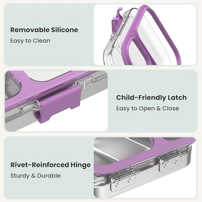 LOHASOK Kids Stainless Steel Lunch Bento Box BPA-Free Leak-Proof Tritan Lid 304 Metal Food Container with 3 Compartments for Girls Boys School Purple - color: Purple, size: 27oz/800ml