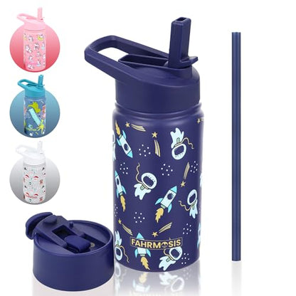 FAHRMOSIS 14 OZ Kids Water Bottle with Straw & 2 Lids (Flip & Spout) Leak Proof Metal Insulated Stainless Steel Reusable Tumbler for School & Sports Water Bottle - Black (Space) - color: Black(Space), style: Water Bottle - 14 OZ