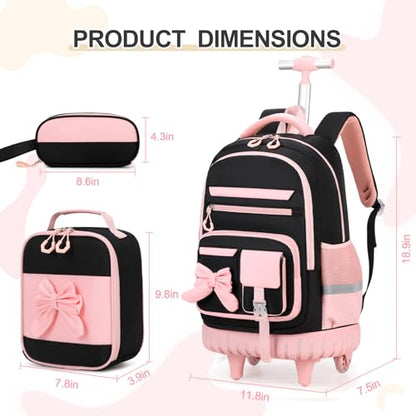 DIGOBAY Rolling Backpack for Girls, Cute Roller School Bag with Wheels, Kids Wheeled Backpacks Set with Lunch Bag Pencil Case for Teen Girls Kindergarten Elementary Middle School - color: Black-pink