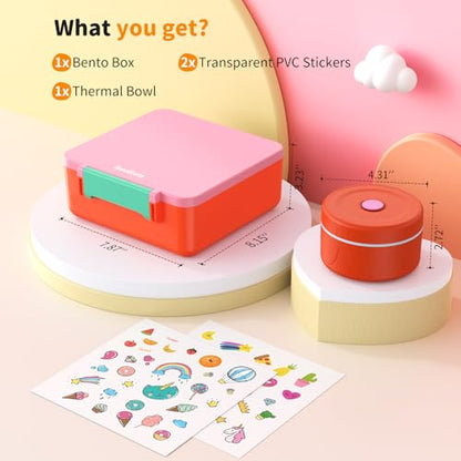 Bento Box for Kids, Lunch Box with Sticker and Leak-Proof Vacuum Food Jar, 4 Compartment BPA-Free Toddler Bento Box for School, Machine-Washable and Removable Compartments for Boy(Pink) - color: Pink
