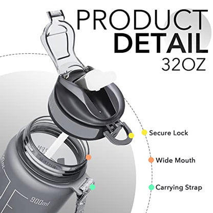 Hyeta Water Bottle with Straw & Time Marker, Plastic 32oz Leakproof | Motivational Tritan BPA Free Gym Office Outdoor Intake Tracker Hourly Reminder Straw Lid Carry Strap - color: Grey Matte