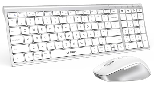 seenda COE401 Bluetooth Keyboard Mouse Combo, Rechargeable, White Silver | Silent rechargeable keyboard and mouse with 3-device connection for Windows, Mac, iPad, and laptops. - color: White Silver