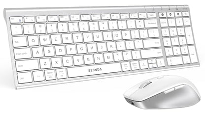 seenda COE401 Bluetooth Keyboard Mouse Combo, Rechargeable, White Silver | Silent rechargeable keyboard and mouse with 3-device connection for Windows, Mac, iPad, and laptops. - color: White Silver