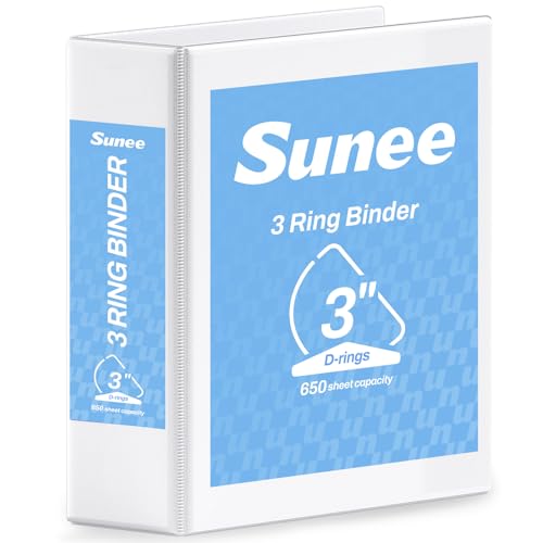 SUNEE 3 Ring Binder 3 Inch D Ring, Clear View Binder Three Ring PVC-Free (Fit 8.5x11 Inches) for School Binder or Office Binder Supplies, White Binder, 1 Pack - color: White, size: 3 Inch, style: 1 Pack