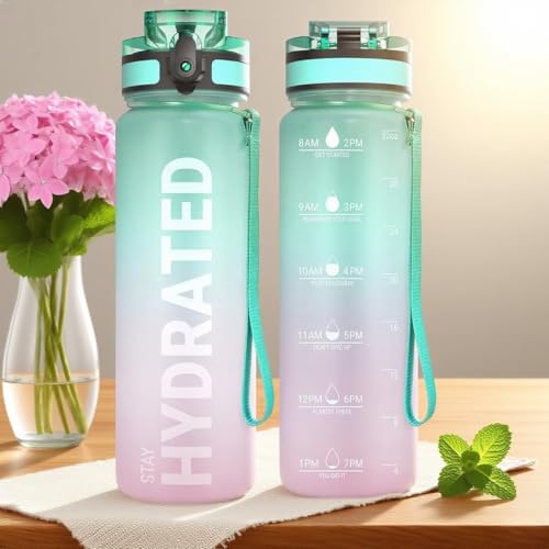 32oz Water Bottle with Time Marker, Leakproof & Motivational Gradient Design, BPA Free, Wide Mouth with Easy Clean Brush for Gym, Travel, Home & Office (Gradient Green-Pruple) - color: Green+Pruple