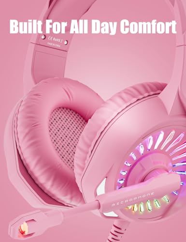 ZIUMIER Z20 Pink Gaming Headset with Microphone, Compatible with PS4 PS5 Xbox One PC Laptop, Over-Ear Headphones with LED RGB Light, Noise Canceling Mic, Stereo Surround Sound (Pink) - color: Pink