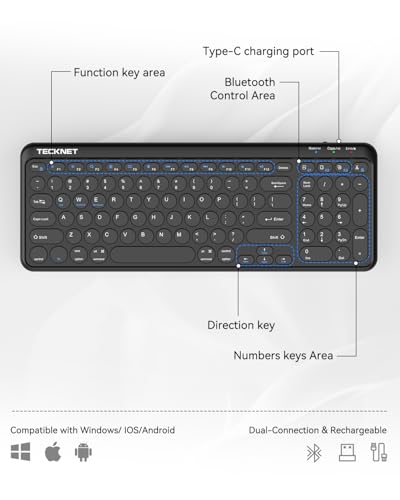 TECKNET Wireless Keyboard Bluetooth & 2.4G USB, Up to 4-Device Connection, USB C Rechargeable Battery, Quiet Typing, Compact Layout, 7° Ergonomic Tilt, Compatible with Windows/Android/iOS, Black - color: Black