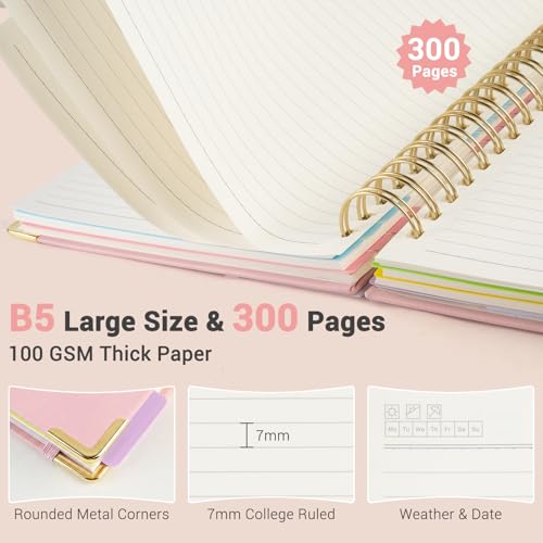 Hardcover Spiral Journal Notebook, 300 Pages 5 Subject Notebook College Ruled with Removable Dividers Tabs, 8" x 10" Notebooks for Work, Spiral Ruled Lined Writing Journal, Hardcover Leather Notebook for School (Pink, 8''x 10'') - color: Pink