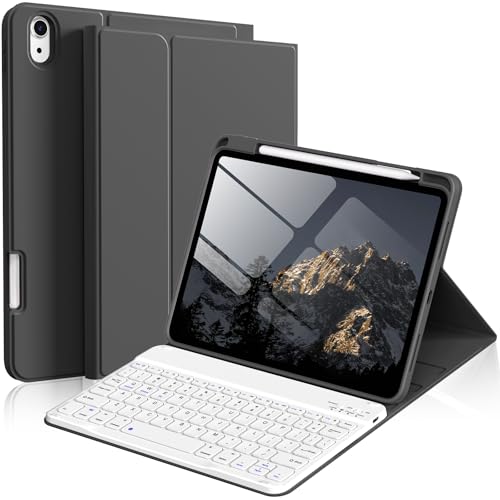kenke for iPad 11/10th Gen Case with Keyboard 11/10.9 inch 2025 A16/2022, Detachable Wireless Bluetooth Keyboard Case with Bulit-in Pencil Holder, White Square Keycaps (Black - color: Black