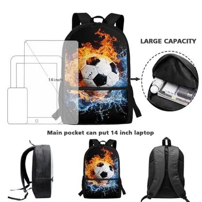 CLOHOMIN Fire Water Football Backpack and Lunch Box Set of 3 Elementary School Bookbag for Kids 5th Grade Thermal Lunchbox Water Bottle Holder Children Book Bag for Boys Girls 7-9 Lunch Bag - color: Fire Water Football