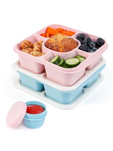 Original Lunchable Snack Containers - 5 Compartments Bento Snack Boxes with 1 Leakproof Small Containers, Wheat Straw, BPA-Free, Set of 2 (Bule+Pink) - color: Bule+Pink