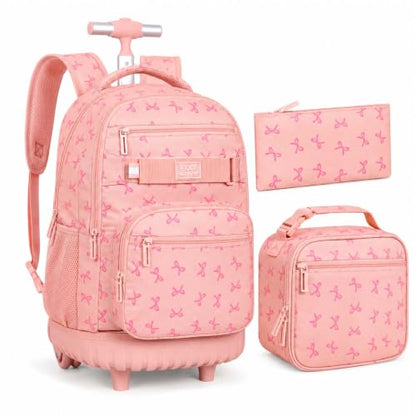 AGSDON Playful Bow Print Girls Rolling Backpack Set – 20” Roller Bookbag with Matching Lunch Box for Travel, Commute & School | Water-Resistant Fashion Wheeled Organizer in Pink - color: Rolling Backpack Set - Bow Pink