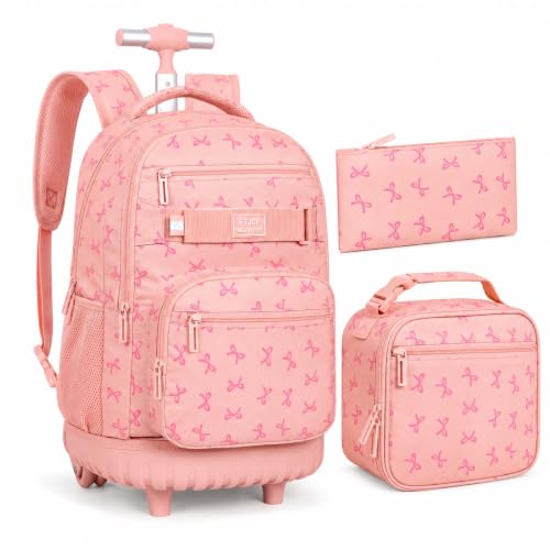 AGSDON Playful Bow Print Girls Rolling Backpack Set – 20” Roller Bookbag with Matching Lunch Box for Travel, Commute & School | Water-Resistant Fashion Wheeled Organizer in Pink - color: Rolling Backpack Set - Bow Pink