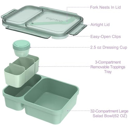 Caperci 2 Pack Salad Containers - Extra-Large 62 oz Bento Lunch Box for Adults, 2-Compartment Meal Prep Container with Removable Toppings Tray, Sauce Cup, Reusable Fork, BPA-Free (Purple & Green) - color: Khaki Green & Purple