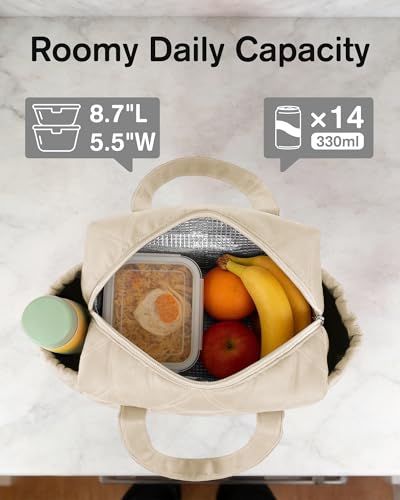 Quilted Puffer Lunch Bag for Women, Insulated Lunch Tote with Foil Lining, Leak-Resistant Reusable Lunch Cooler Bag, Roomy Soft Lunch Box for Work, School, Picnic and Travel (Off White) - color: Off-White