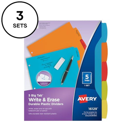 Avery Big Tab Write & Erase Durable Plastic Dividers, 5-Tab Set, Multicolor Brights, 3 Sets (21212) - size: 5 tab, style: 3 Sets