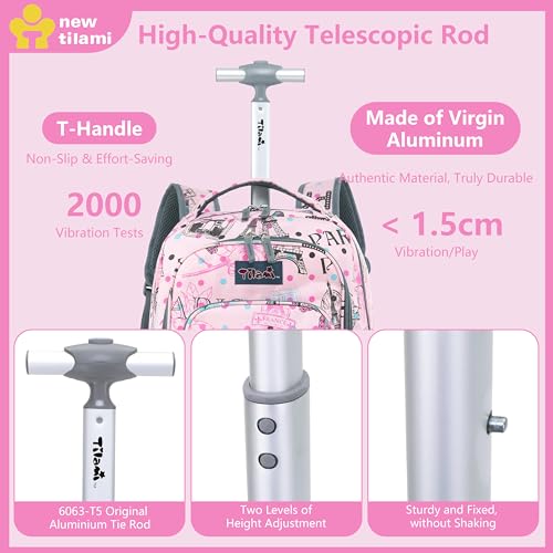 NEW TILAMI Rolling Backpack for Kids 18 Inch Wheeled Laptop Backpack Kids School Travel - color: Pink Paris