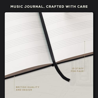 Beechmore Books Blank Sheet Music Notebook – A4 8.5"x11.5" for Songwriters, Musicians & Composers, 156 Thick 120gsm Pages, 10-Staff Perforated Sheets, Vegan Leather Hardcover, Elastic Closure, Gift Box - color: Charcoal Black