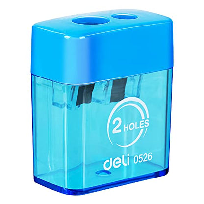 Deli Pencil Sharpener, Manual Pencil Sharpeners, Dual Holes with Lid, Random Color