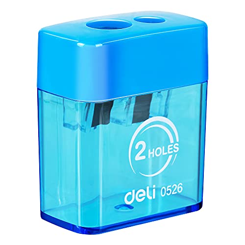 Deli Pencil Sharpener, Manual Pencil Sharpeners, Dual Holes with Lid, Random Color